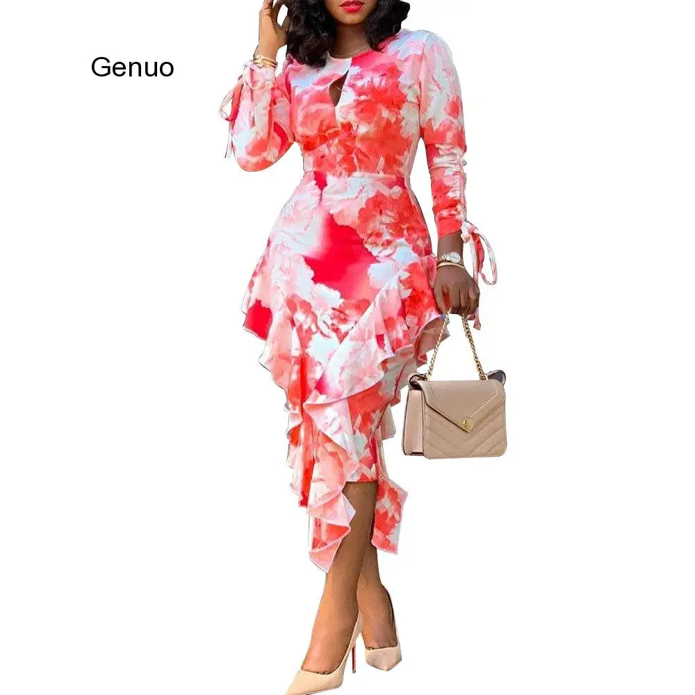 

Round Neck Boho Floral Printed Dress Slim 2020 Spring Sexy Cut Out Ruffles Dresses Women Party Office Midi Vestidos XXLs