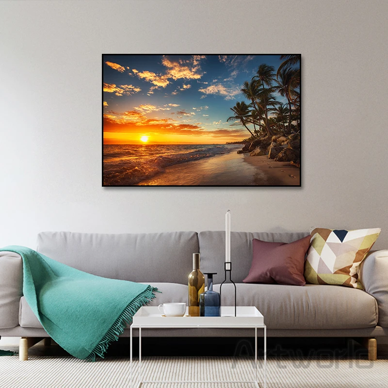 

Sunsets Natural Sea Beach Tree Painting on Canvas Modern Wall Art Posters and Prints Landscape Pictures for Living Room Decor
