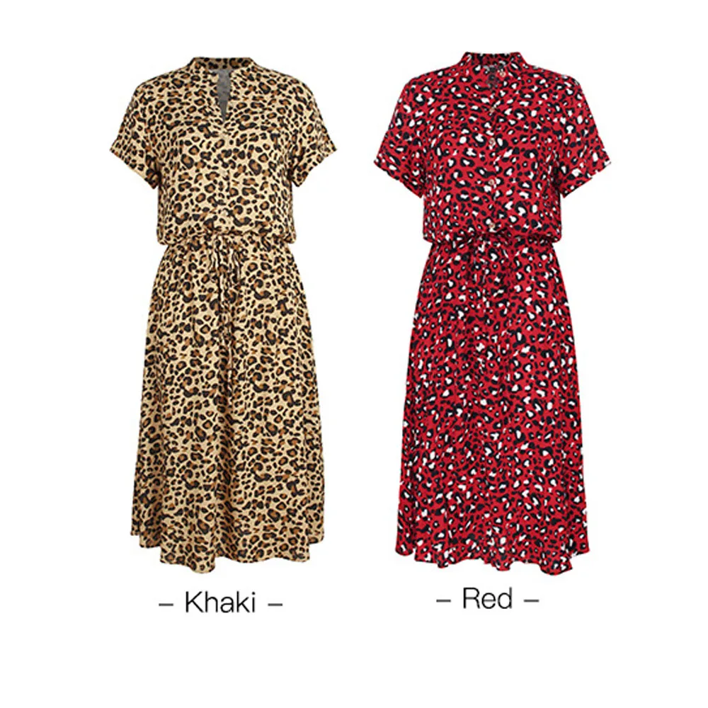 

Sexy V Neck Buttons Women Dress Leoprad Print Short Sleeve High Waist Summer Dress Casual Holiday Sashes Beach Maxi Sundress New