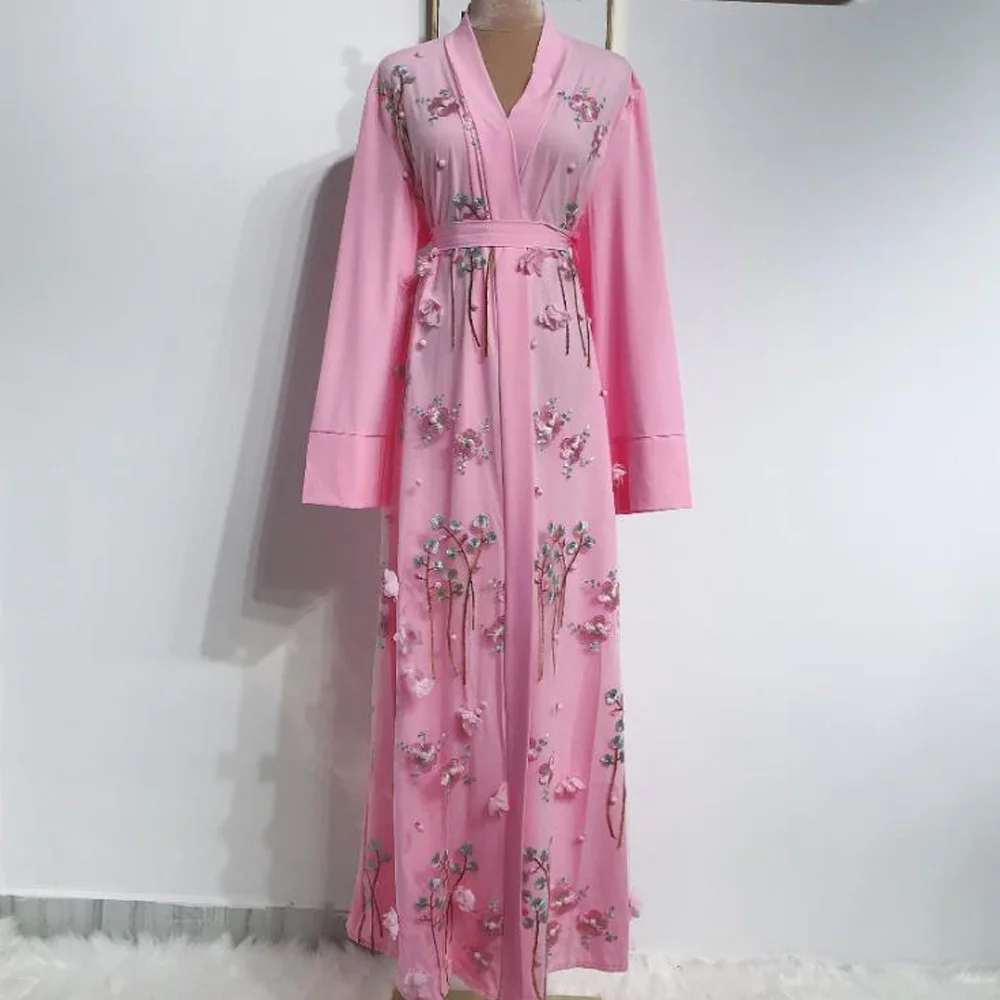 Модное мусульманское Розовое Кимоно с цветочной вышивкой Abayas Дубай Арабский