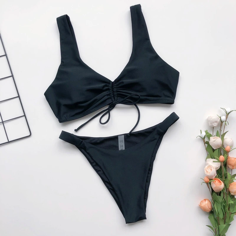 

2020 New Bikinis Solid Color Swimsuit Sexy Low Waist Drawstring Vest Two-piece Bikini Set Swimwear Women Beach Swim Bathing Suit