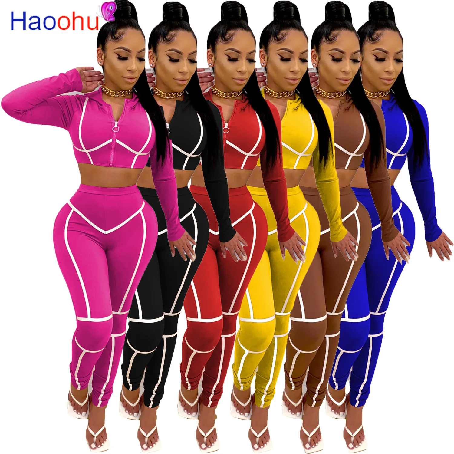 

HAOOHU Sports Women's Suit Hooded Zipper Tops Jogger Sweatpant Two Piece Set Activewear Sweatsuit Matching Set Fitness Outfits