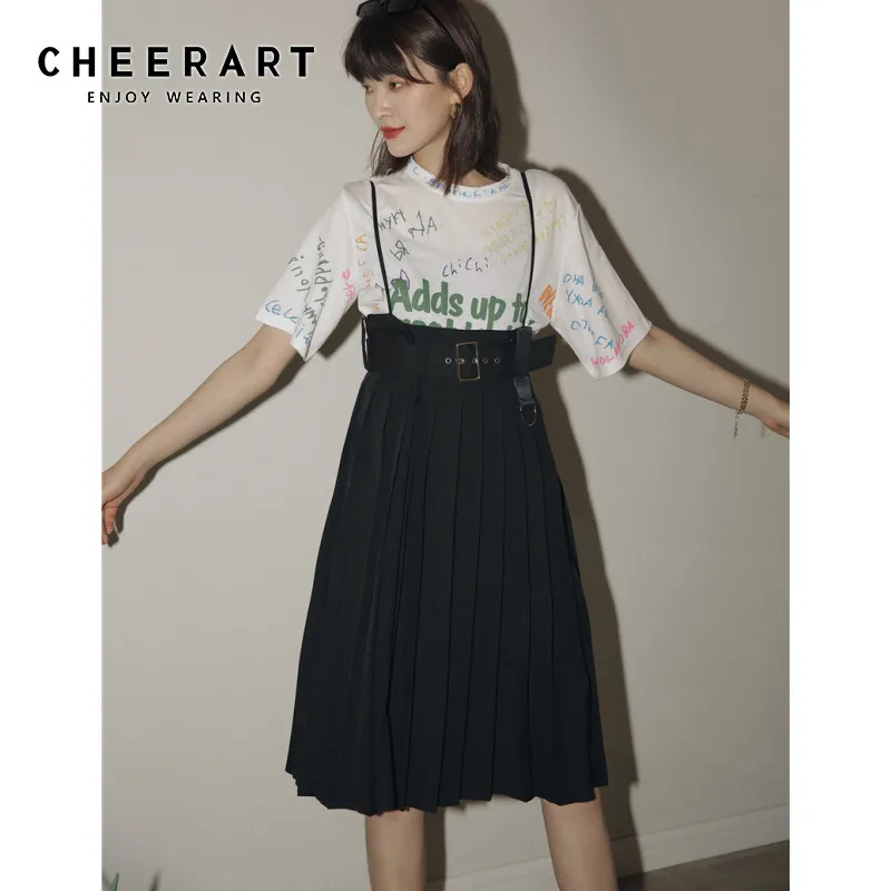 

CHEERART Summer Pleated Suspender Dress Women Black Knee Length Spaghetti Strap Dress Casual Korean Fashion Clothing