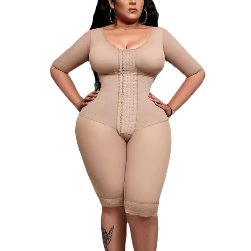 

Fajas Colombianas Full Body Support Arm Compression With Built In Bra Half Sleeve Mid Leg Bodysuit
