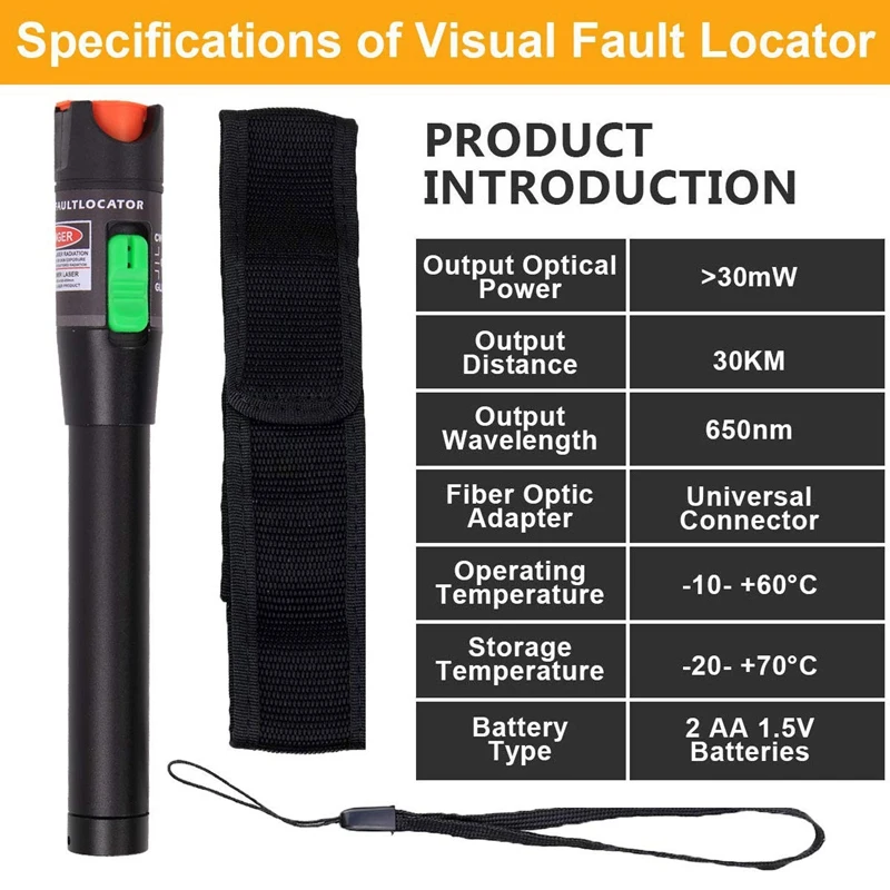 

Visual Fault Locator 30MW 30KM, VFL Tester Kit 9/125Um FC Male to LC Female Adapter,for Fiber Optic Network Cable Test