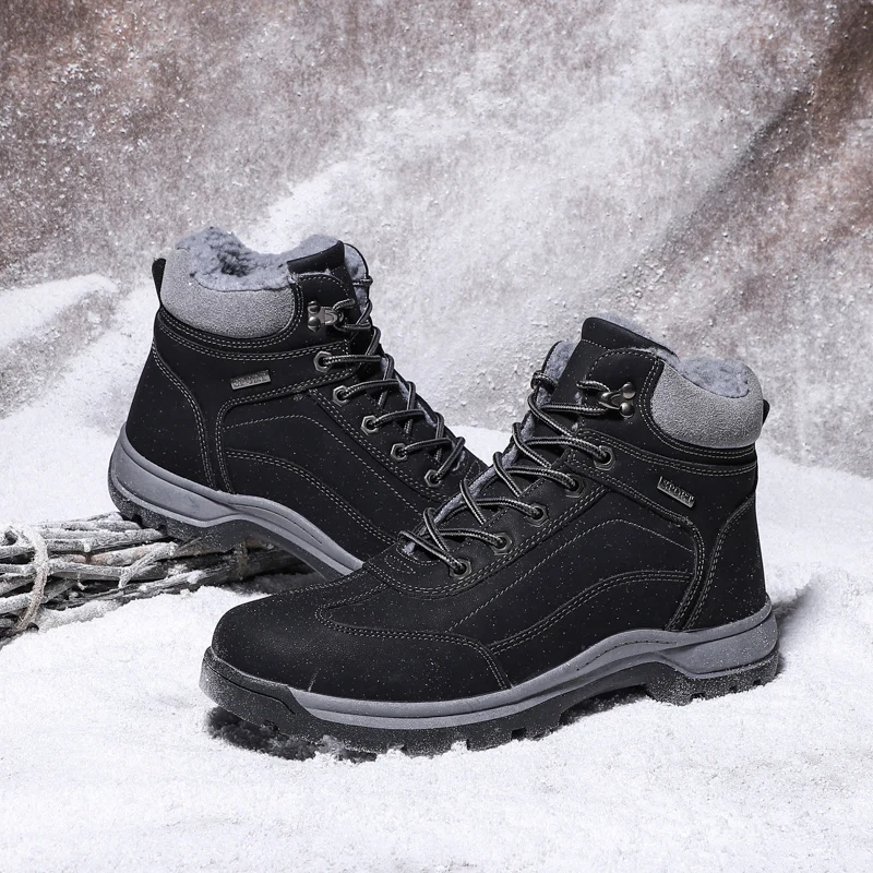 Winter Leather Men Boots Fashion Waterproof Snow Designer s Shoes Lace Up Ankle Big Size HX-166