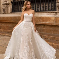 luxury mermaid wedding dresses sleeveless tulle detachable train 2 in 1 lace applique wedding gowns tube top back lace up