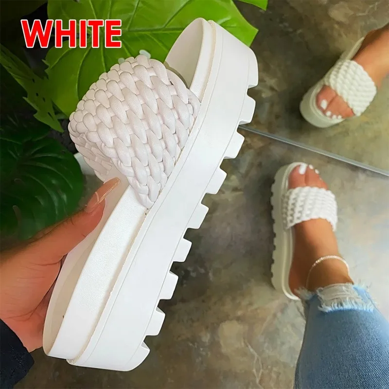 

2021 Summer Sandals Open Toe Mid Heel Slippers New Fashion Woven Slippers Solid Color Outdoor Women's Shoes Plus Size 43