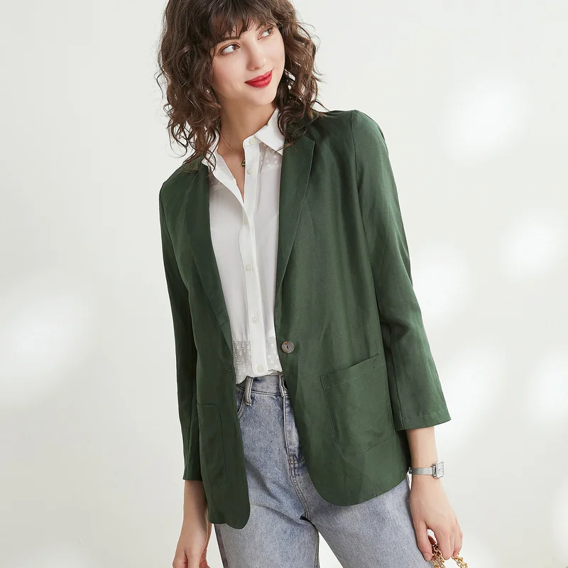 Forest Green Женские блейзеры 50% шелк 50% лен сплошной 3/4 рукав блейзер одна кнопка офисные женские блейзеры новая осенне-зимняя одежда - Цвет: Forest Green