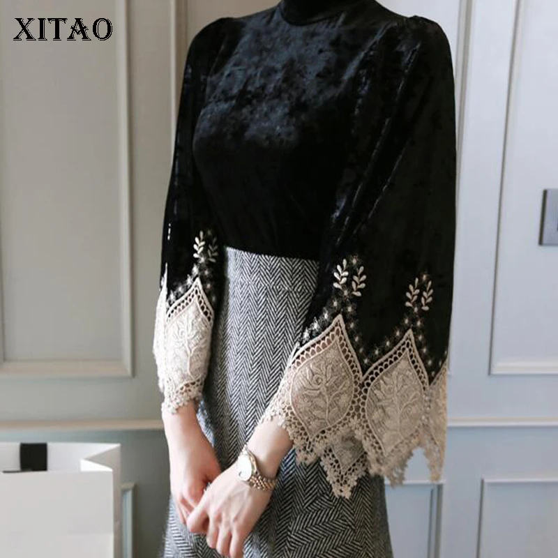 Женская кружевная рубашка XITAO винтажная блузка на молнии с высоким воротником и