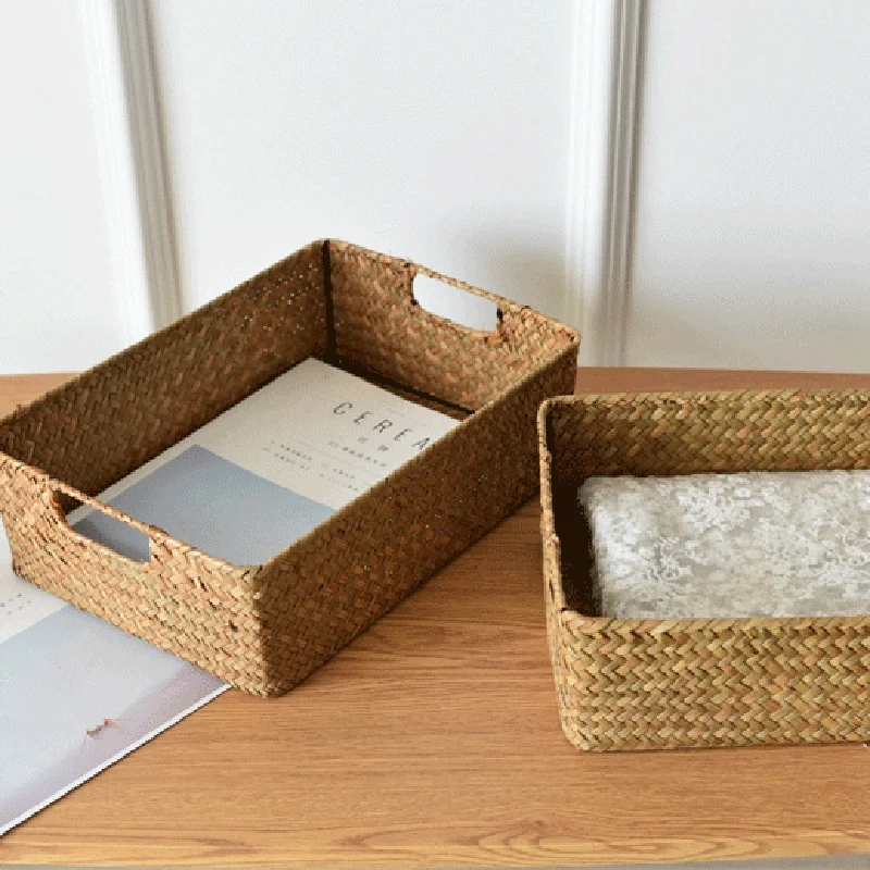 

2Pcs Hand-Woven Storage Basket Clothing Storage Basket Grass Woven Rectangular Storage Basket Sundries Organizer