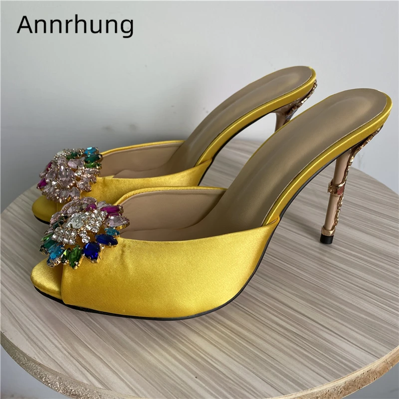 

New Design 2020 Crystal Flower Runway Shoes Woman Colorful Metal Petal Thiin High Heel Open Toe Satin Rhinestone Slippers Women