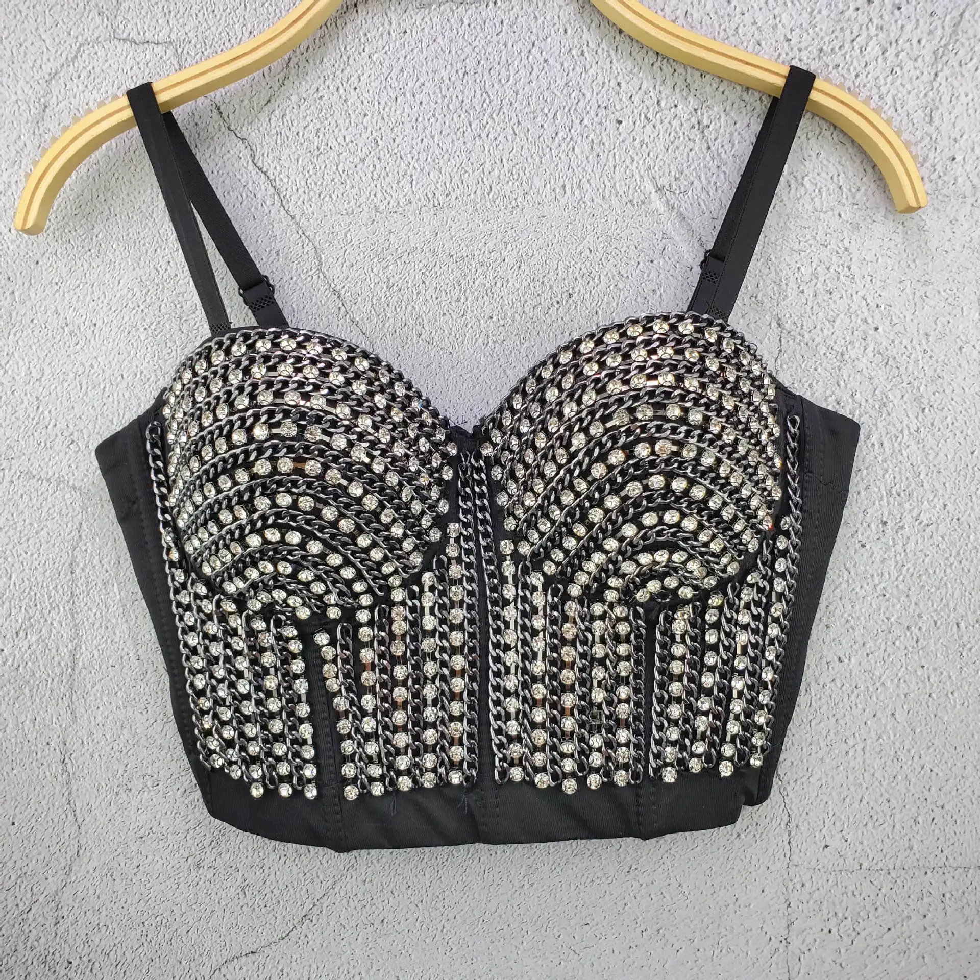Women Sexy Designer Crystal Diamonds Chain Punk Style Cotton Camisole Tops Summer 2021 High Street Short Camis Crop Tops
