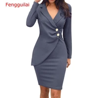 autumn dress women office lady sexy solid turn down neck long sleeve buttons bodycon work formal dress