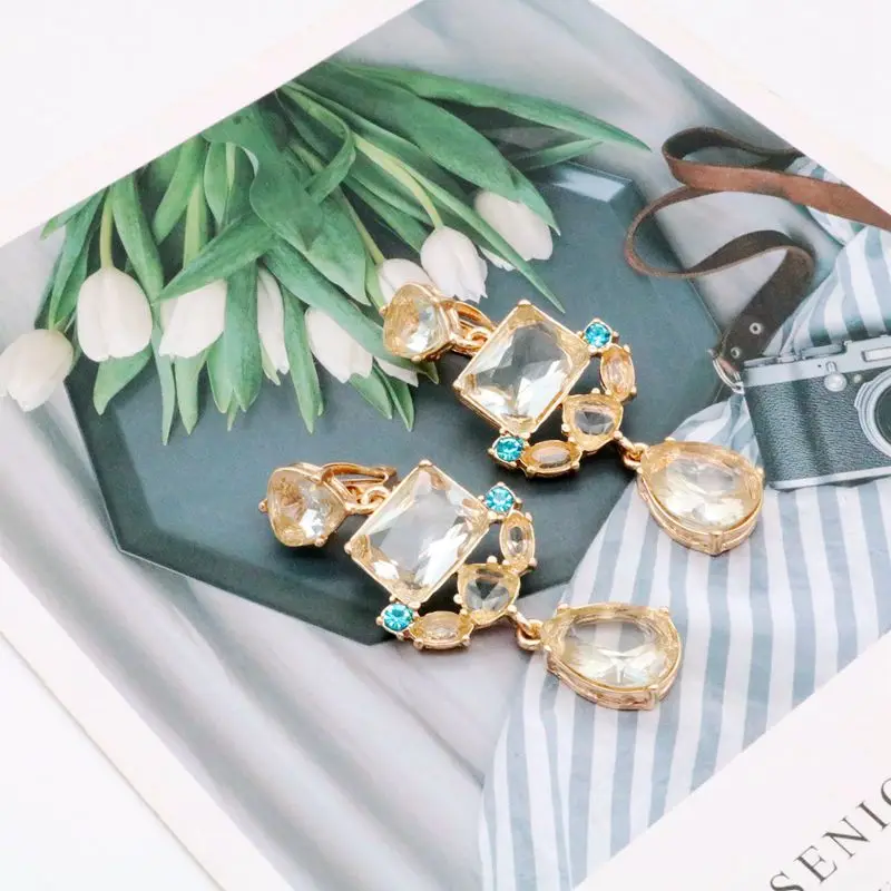 Free Shipping New Elegant Glass Stones Geometric Clip Earrings Statement