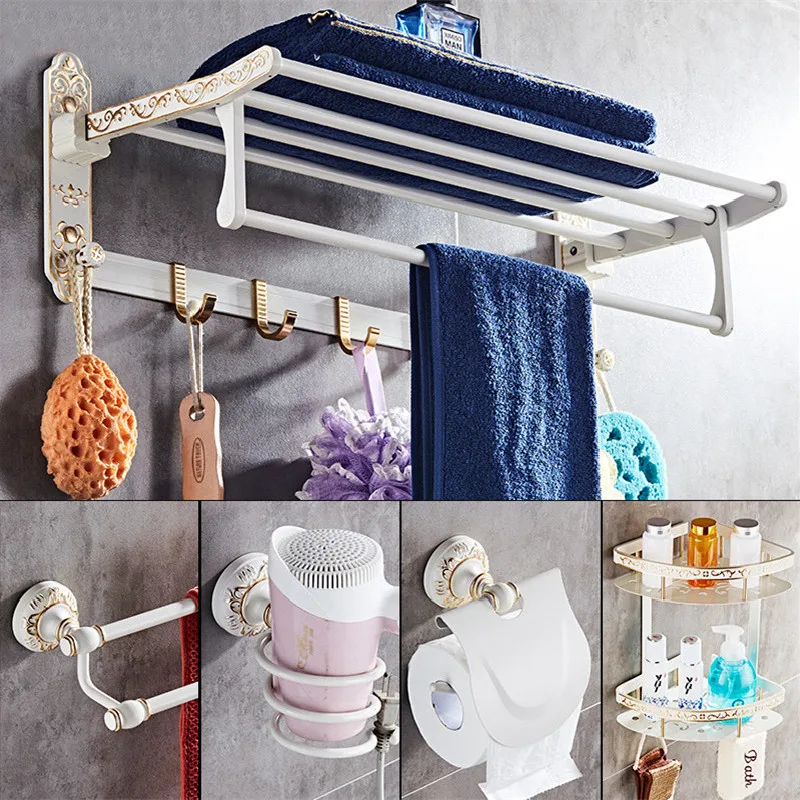 

Aluminium Carved Bathroom Hardware Accessory Foldable Towel Rack/Ring Tissue/Toilet Brush Toothbrush Holder Soap Basket White