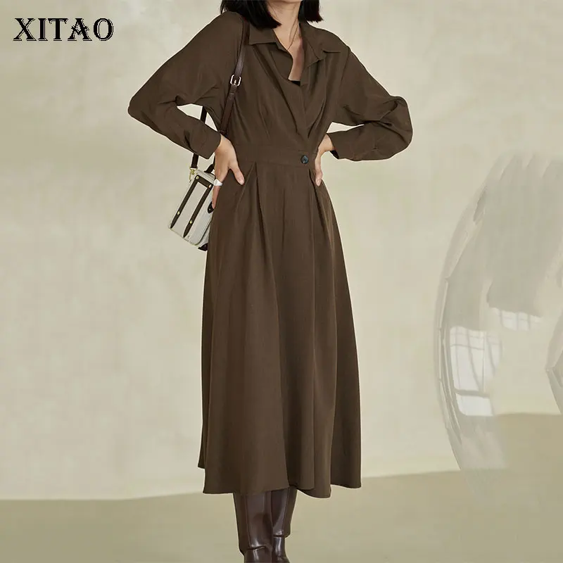 

XITAO Fashion Temperament Dress 2021 Autumn New Solid Color Turn-down Collar Long Sleeve Simplicity Mid-length Women GWJ1046