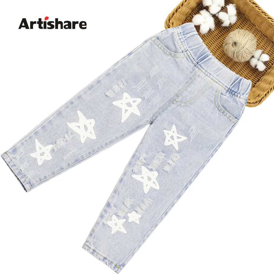 Джинсы для маленьких девочек детские рваные джинсы со звездами повседневные