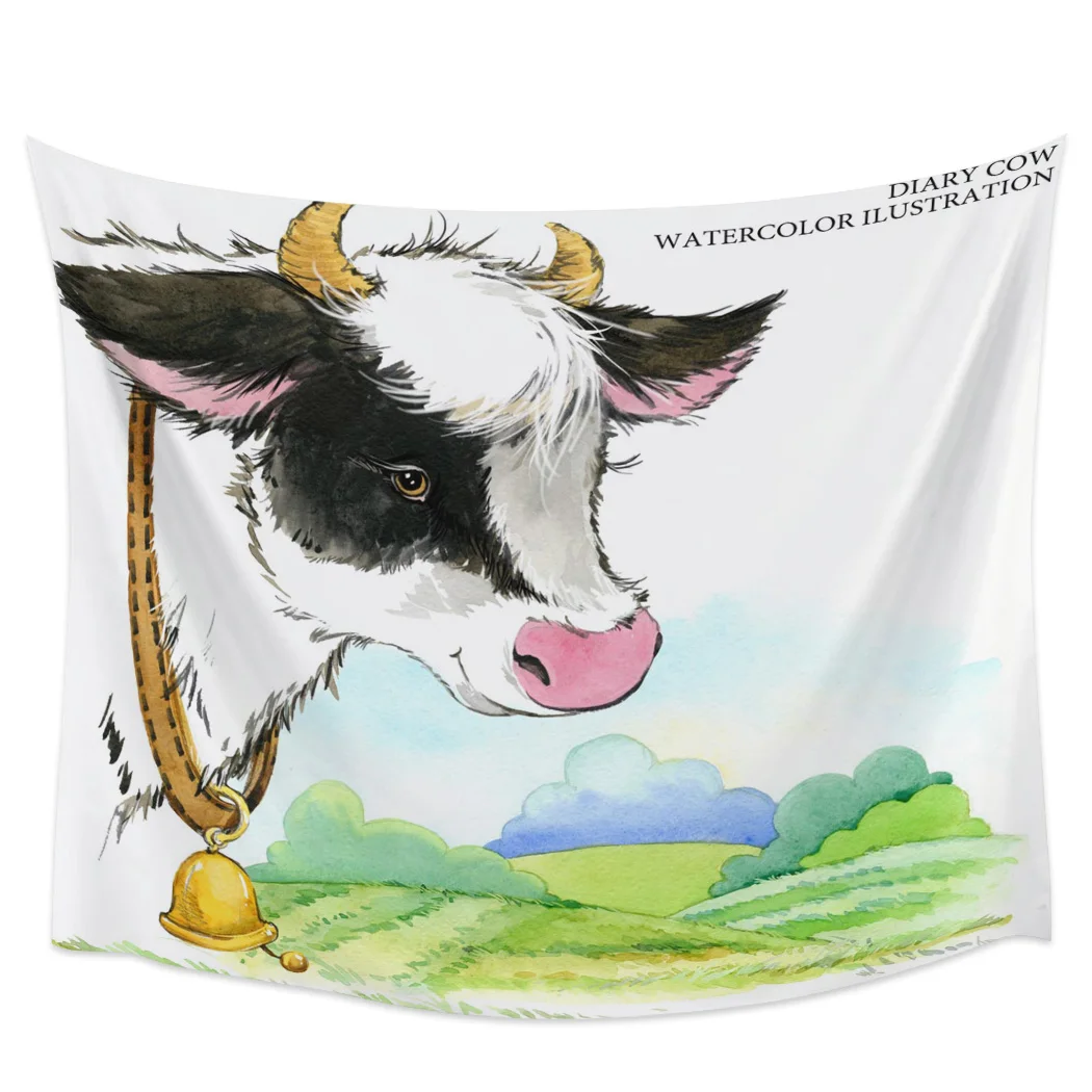 Современный настенный гобелен на стену с рисунком коровы акварелью украшение