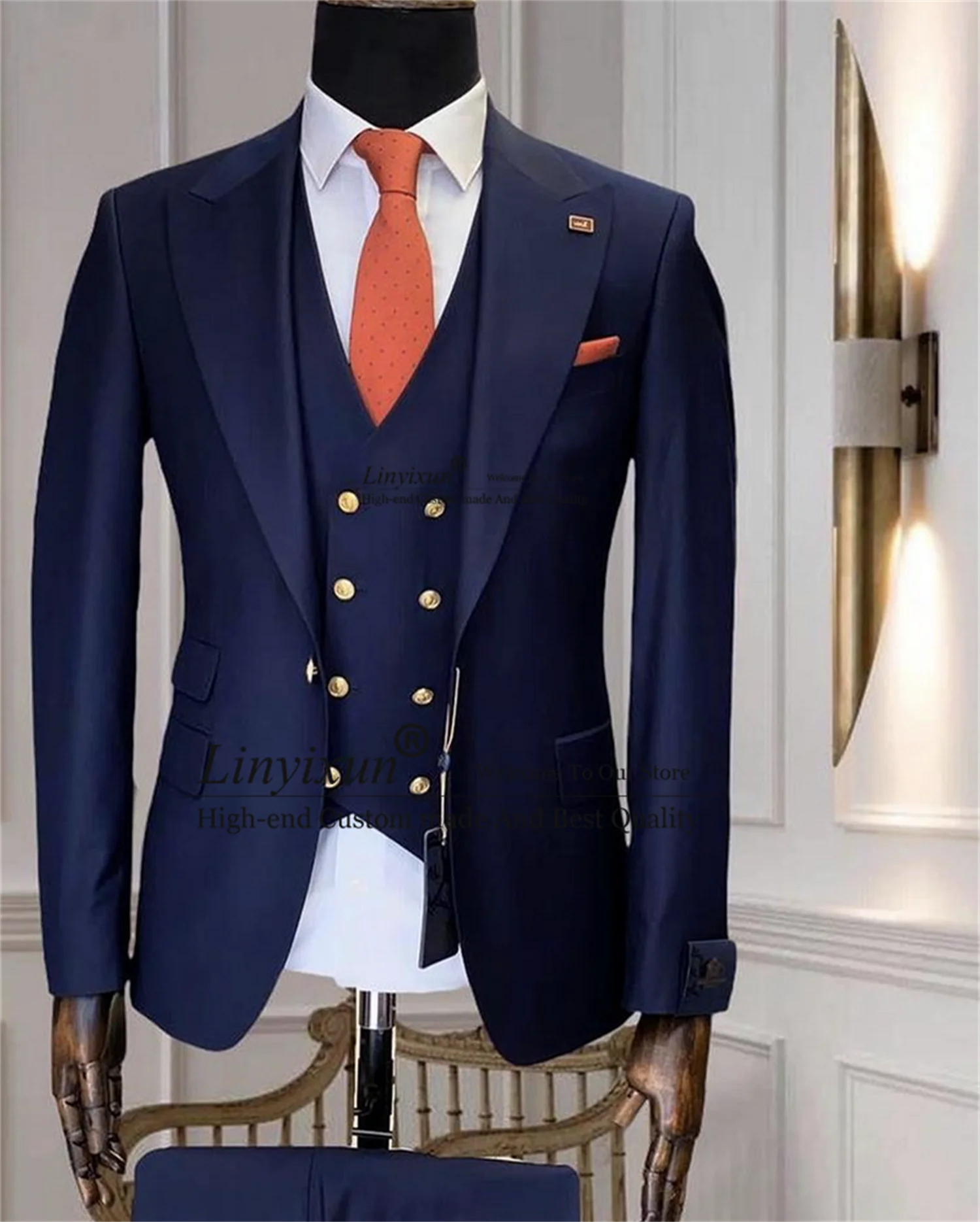

Navy Blue Groom Tuxedo 2021 Formal Business Men Suits Slim Fit Peaked Lapel Groomsmen Men Wedding Prom Blazer Sets Costume Homme