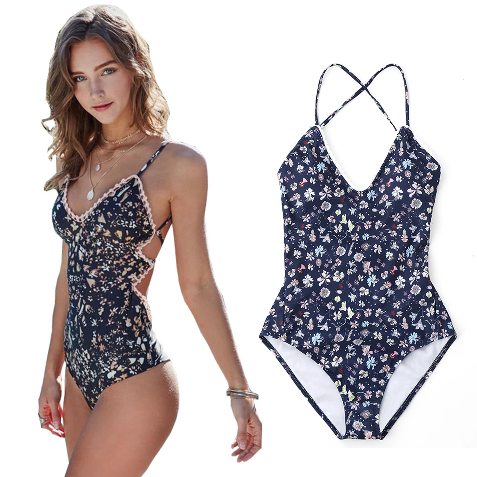 

Women Floral Printed Boho One Piece Swimming Suit Backless Bathing Monokini Bandage Swimwear Summer Swimsuit Plus Size