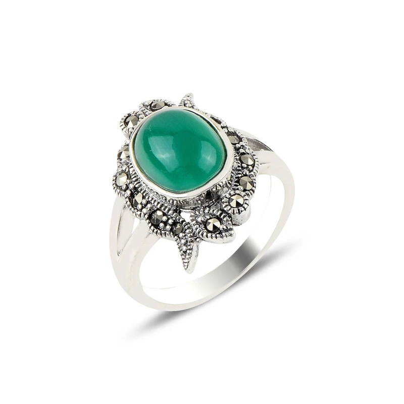 

Silverlina Silver Green Agate & Marcasite Ring