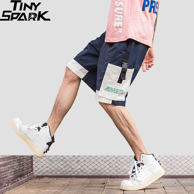 2019 Harajuku шорты Цвет блок Для мужчин хип хоп Брюки Карго короткие уличная Лоскутные