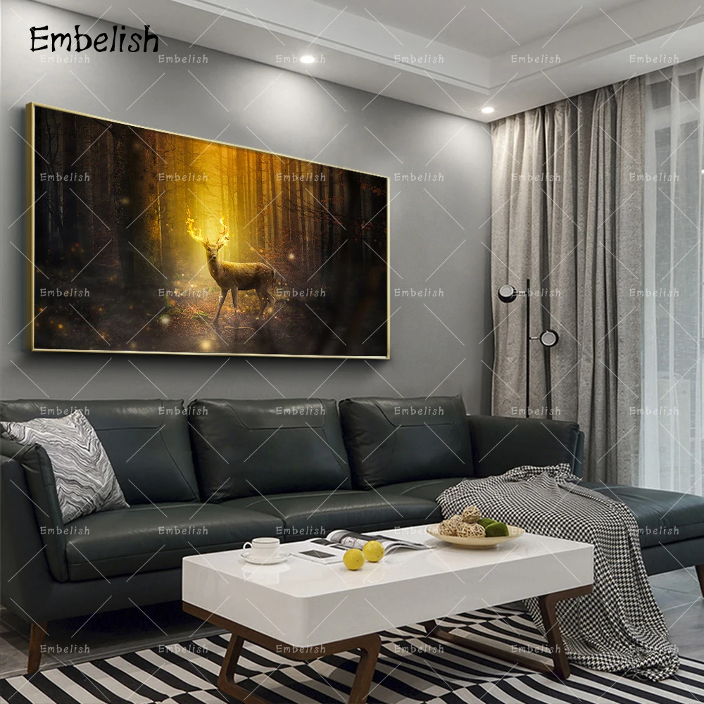 

Embelish 1 Pieces Gloden Deer In The Forest Animals Landscape Wall Art Poser For Living Room HD Print On Canvas Bedroom Painting