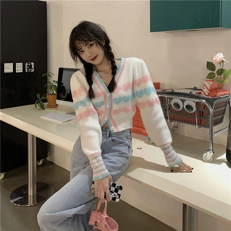 

Корейский милый женский модный короткий кардиган, свитер, Осенний Повседневный Универсальный Свободный вязаный свитер с V-образным вырезом...