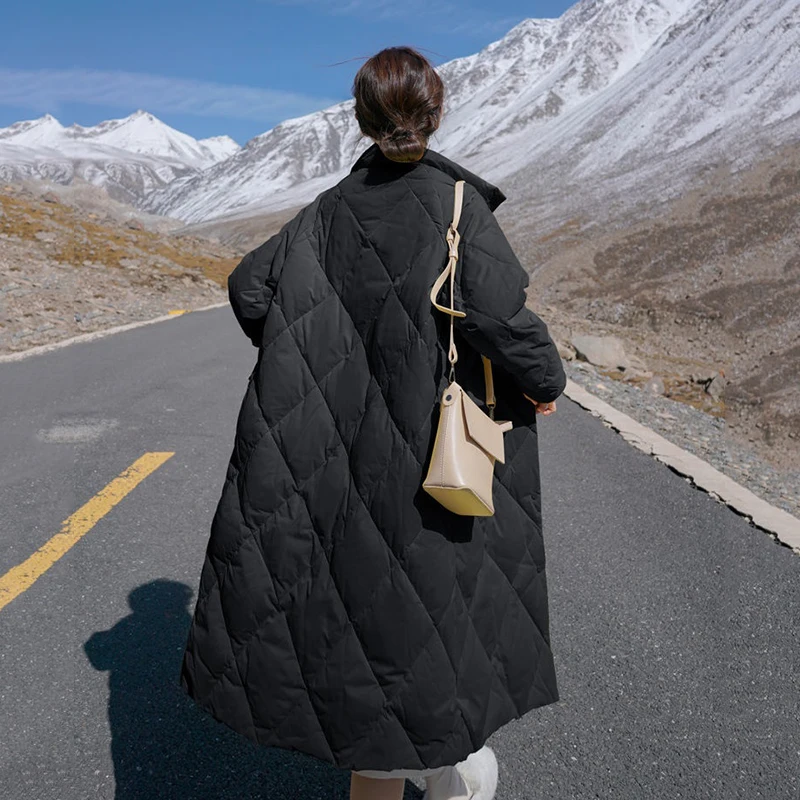 Женский длинный пуховик с воротником-стойкой однотонное теплое пальто из хлопка