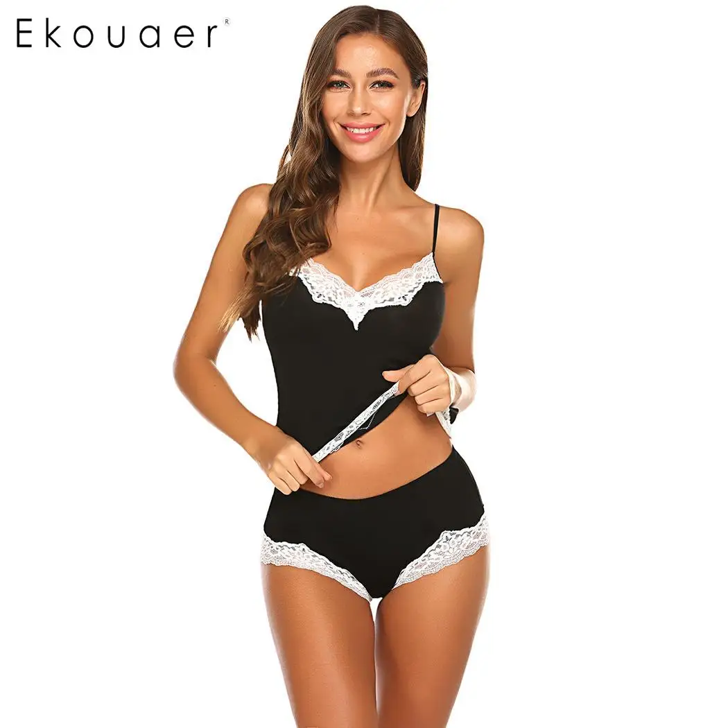 black Ekouaer/женский летний пижамный комплект из двух предметов, короткое ночное белье, кружевные лоскутные топы на бретельках, шорты, сексуальное женское белье, Пижамный костюм - Цвет: black