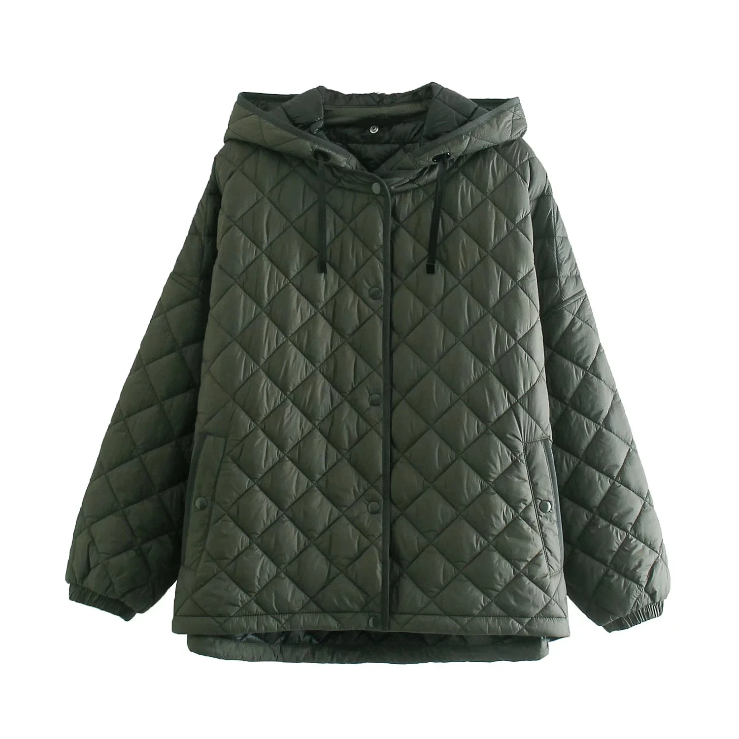 

Parkas Woman Argyle Padded Warm Jacket Hooded Loose Coat Autumn Winter Female Casual Oversized Quilted Army Green Bomber Jackets