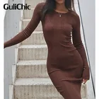 Женское трикотажное платье-миди GuliChic, однотонное облегающее платье с О-образным вырезом и длинным рукавом, 8,20