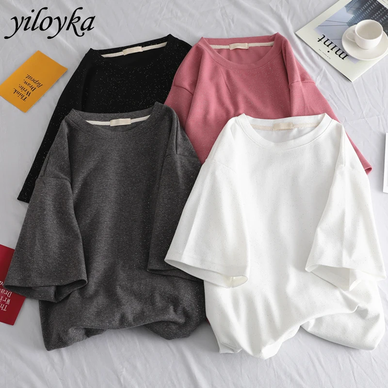 Новинка блестящая однотонная парная футболка женская летняя Блестящая унисекс