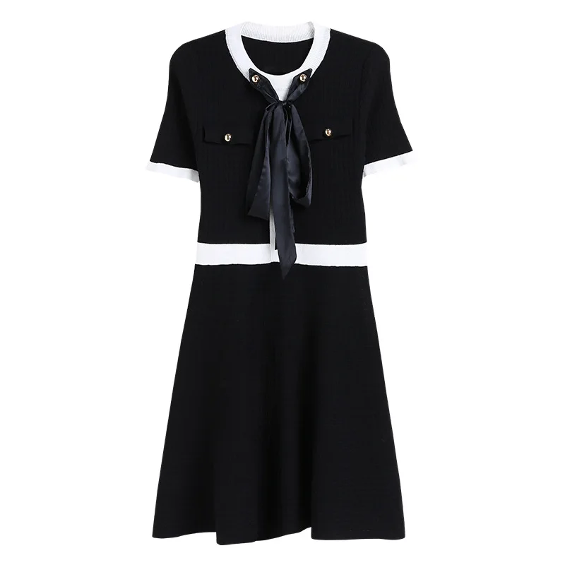 

2021 Summer French Hepburn Wind Bow Tie Dress Women's Temperament Short Sleeve Waist Slimming Knitted Dress Female Bohe Vestidos