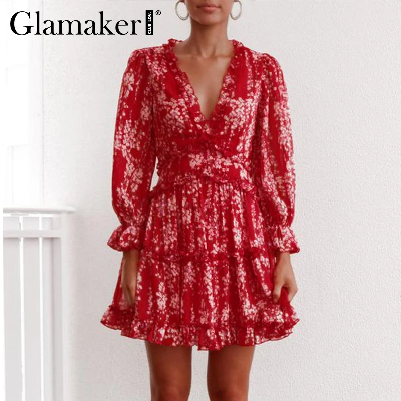 Glamaker, сексуальное платье с принтом, с рюшами, для женщин, Осенние, вечерние, короткое, элегантное платье, зима, фонарь, рукав, v-образный вырез, бодикон, платье с цветочным рисунком