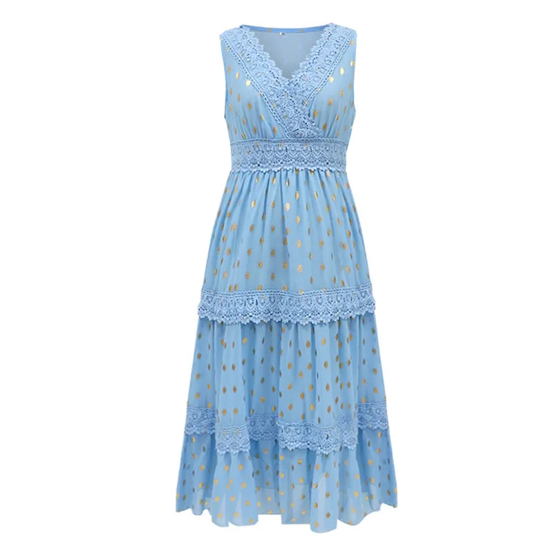 

Sexy Deep V Sleeveless Chiffon Dress Spliced Mid-length Dress