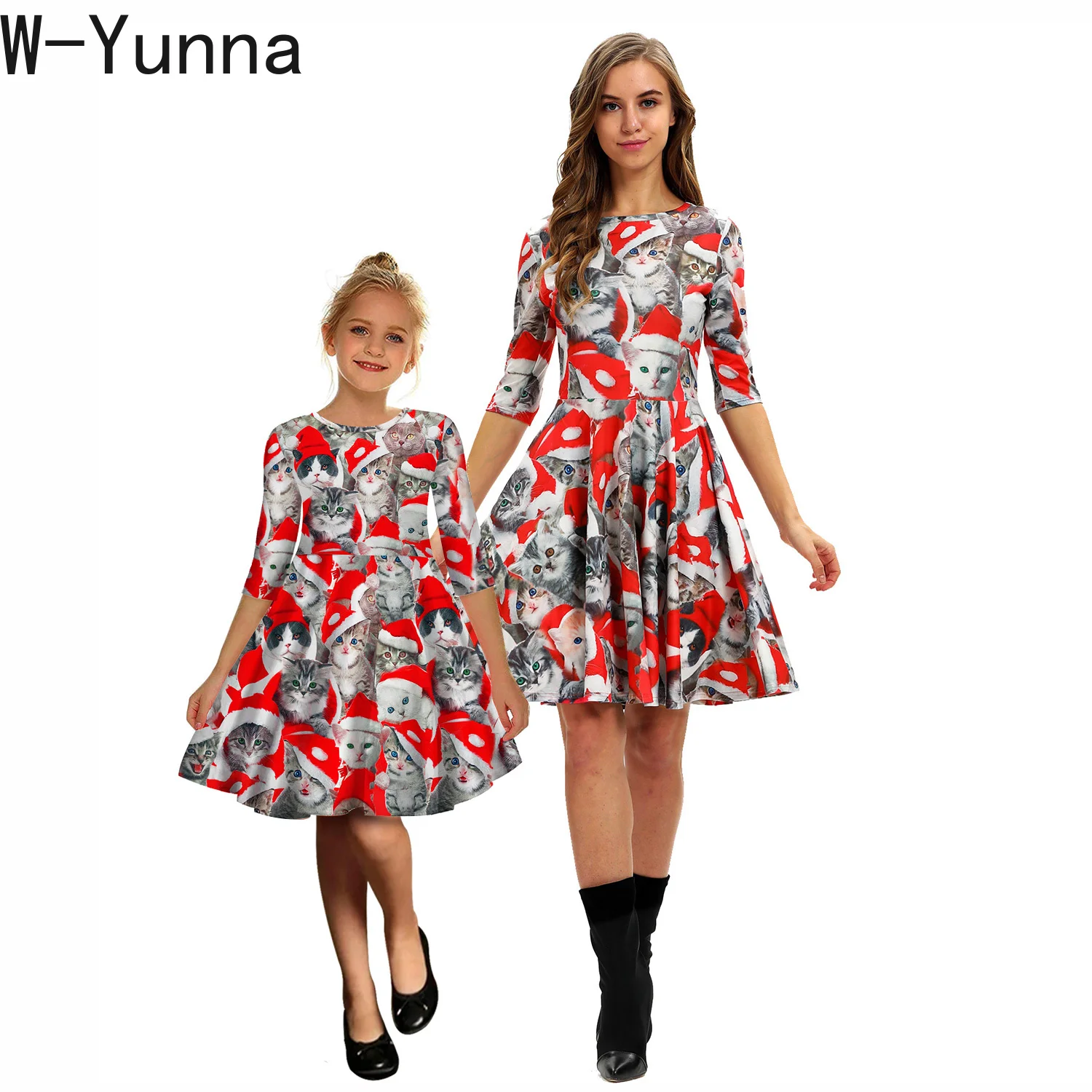W Yunna/Рождественская одежда для всей семьи с 3d принтом одинаковые вечерние платья