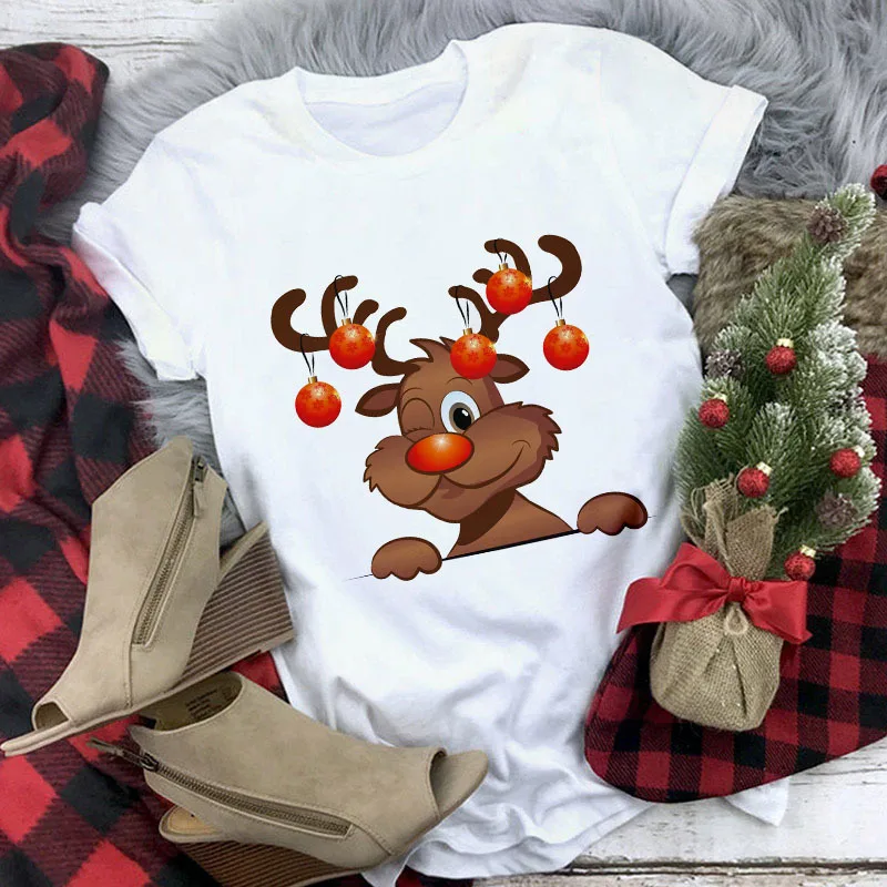 

Cute Reindeer T Shirt Women Fashion Christmas Harajuku Short Sleeve T-shirt White Suitable All Seasons Tshirt Tops