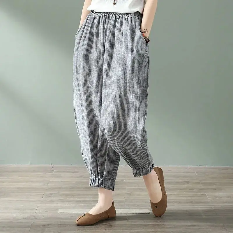

Plus Size Cotton Linen Trousers Women Loose Harem High Waist Stripe Pocket Pant Casual Pantalon Female Sweatpants Trouser Y295