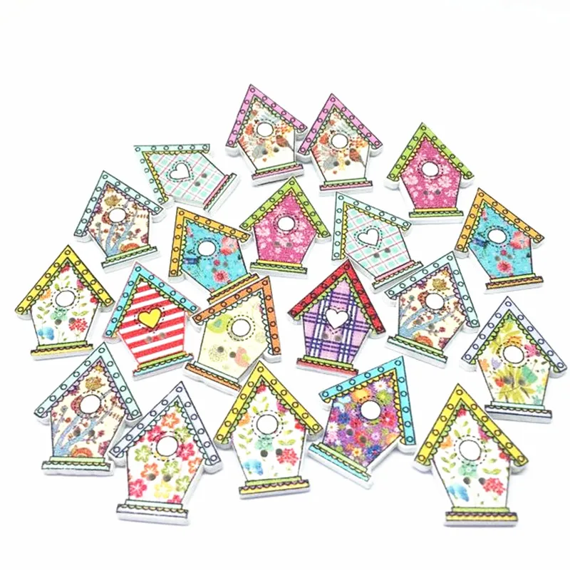 

50pcs 21x25mm Mixed Wooden 2 Holes Christmas House Shaped Buttons Sewing DIY Xmas Embellishments Cardmaking Accessories