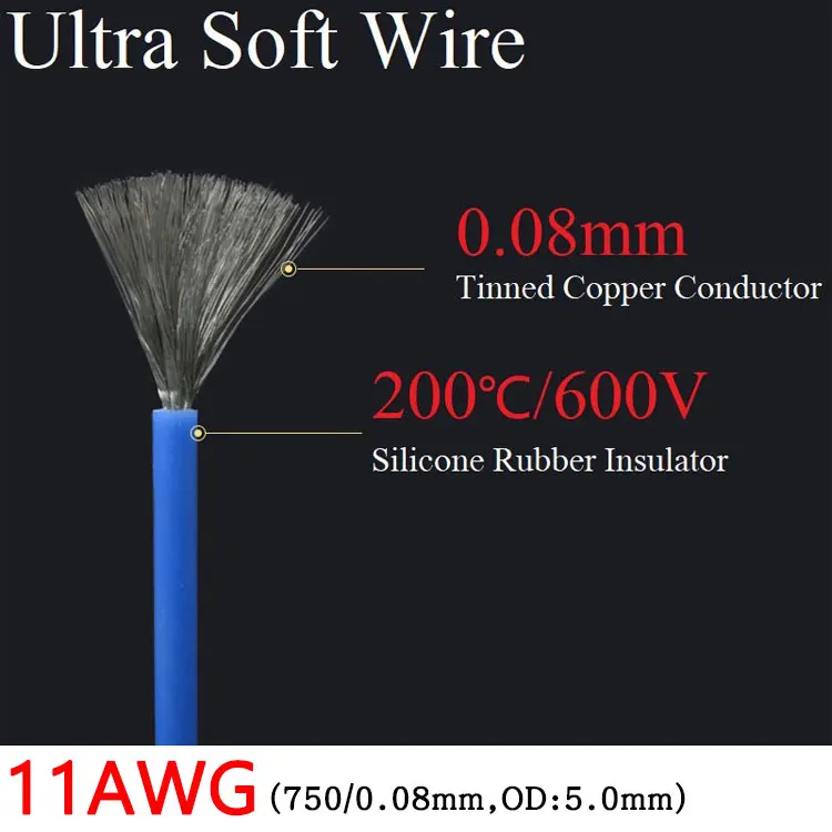 

11AWG Silicone Gel Rubber Wire OD 5mm Flexible Cable High Temperature Insulated Copper Ultra Soft Electron DIY Line Colorful