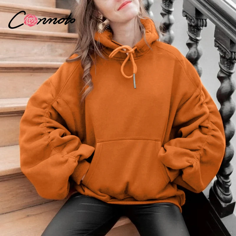 

Conmoto Causal pumpkin autumn winter women hoodies Off shoulder sleeve drawstring female hoodies Fashion knitted short hoodies