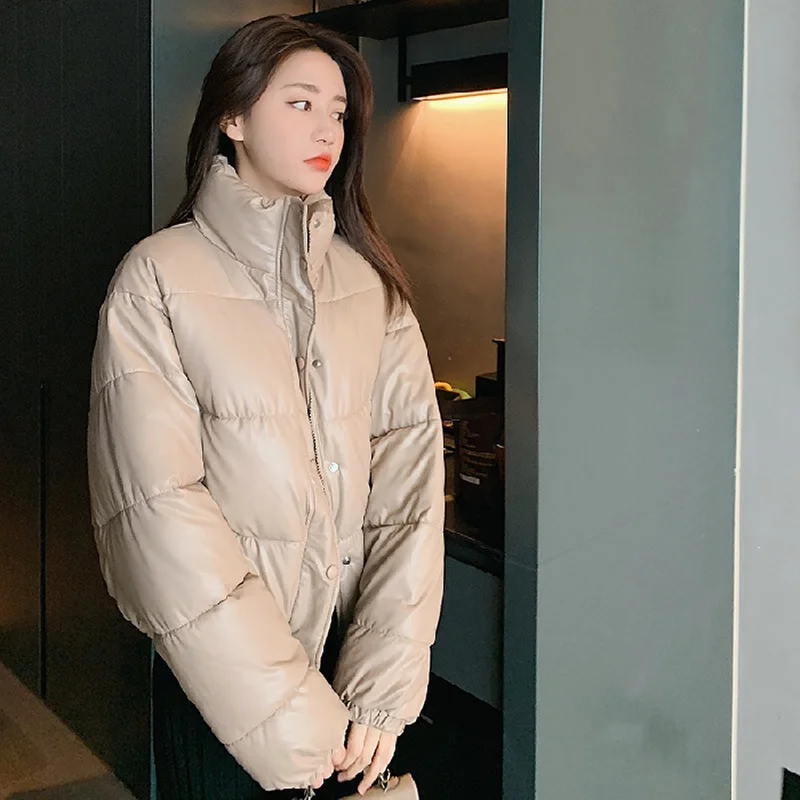 Thick Parkas Women Streetwear Stand-up Collar Loose Black Bubble Coat Female Korean  PU Leather Puffer Jacket Warm Winter New