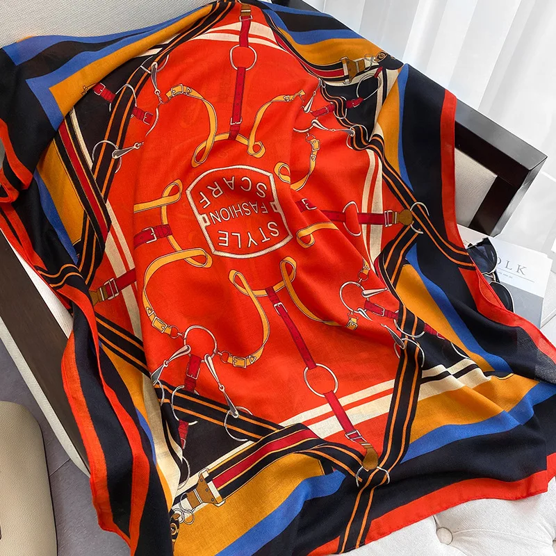 

2021 New Spring Women Scarf Cotton Shawls Fashion Chain Print Lady Neck Scarves Hijabs Foulard Autumn Female Pashmina Soft Wrap