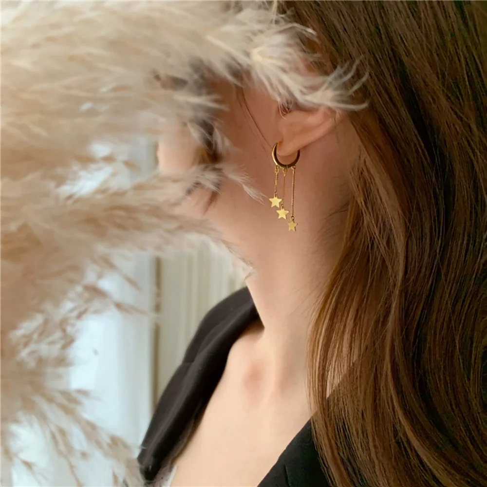 

FINE4U E280 Lucky Star Pendant Tassel Dangle Earrings Fashion Long Shooting Star Drop Earrings Hoops for Women Girls
