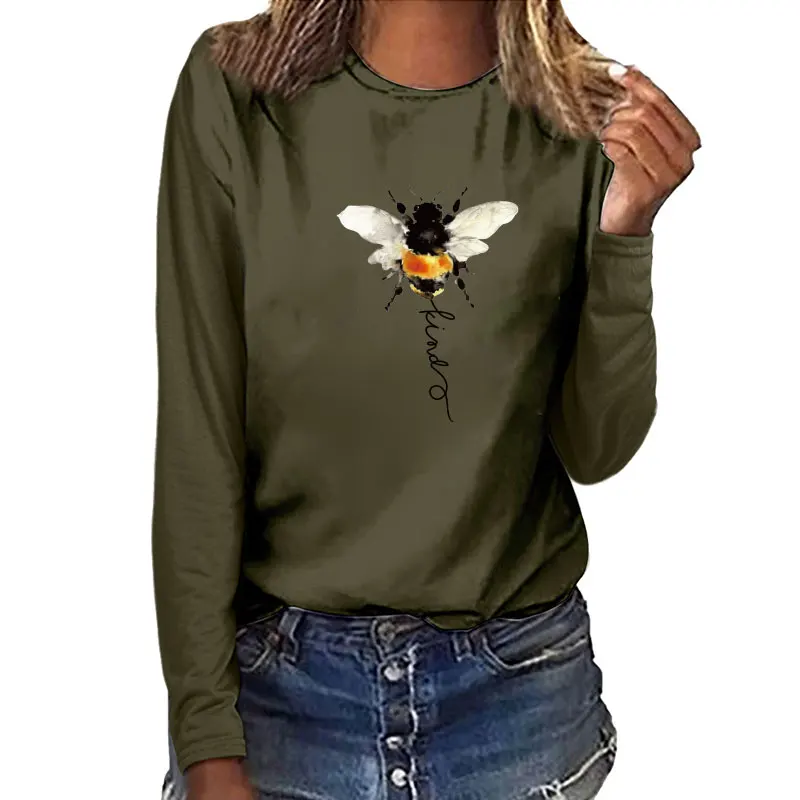 

Bee Kind Printed Long Sleeve T-shirts Women Autumn Winter 2021 Woman Tshirts Cotton Graphic Tees Streetwear White Crew Neck Tops