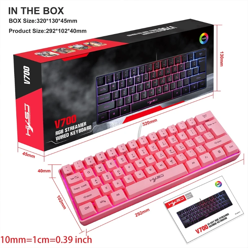 

Mechanical Gaming Keyboard 61 Keys Pink RGB Illuminated LED Backlit Wired Programmable for PC Gamer Pink QW