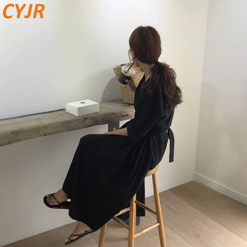 

2021 Spring Summer Women Dress Vintage Elegant A-Line Fold Pleated Big Hem Bottoms Lace Up V-Neck Wrist Long Dress