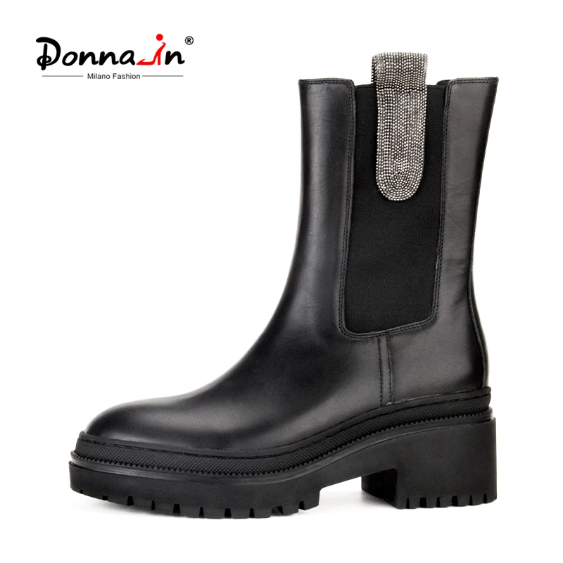 

Donna-in/Новинка 2021 года; Женские сапоги до середины икры на платформе; Роскошные черные женские сапоги из телячьей кожи на высоком квадратном к...